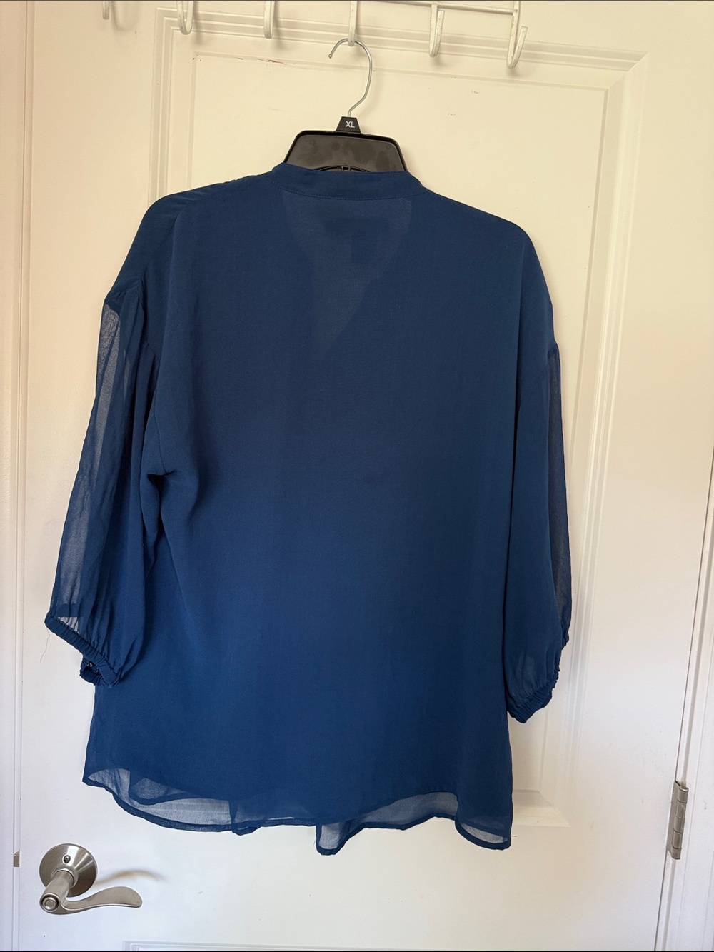 Navy Ruffle Split-Neck Women's Blouse - Picture 4 of 7